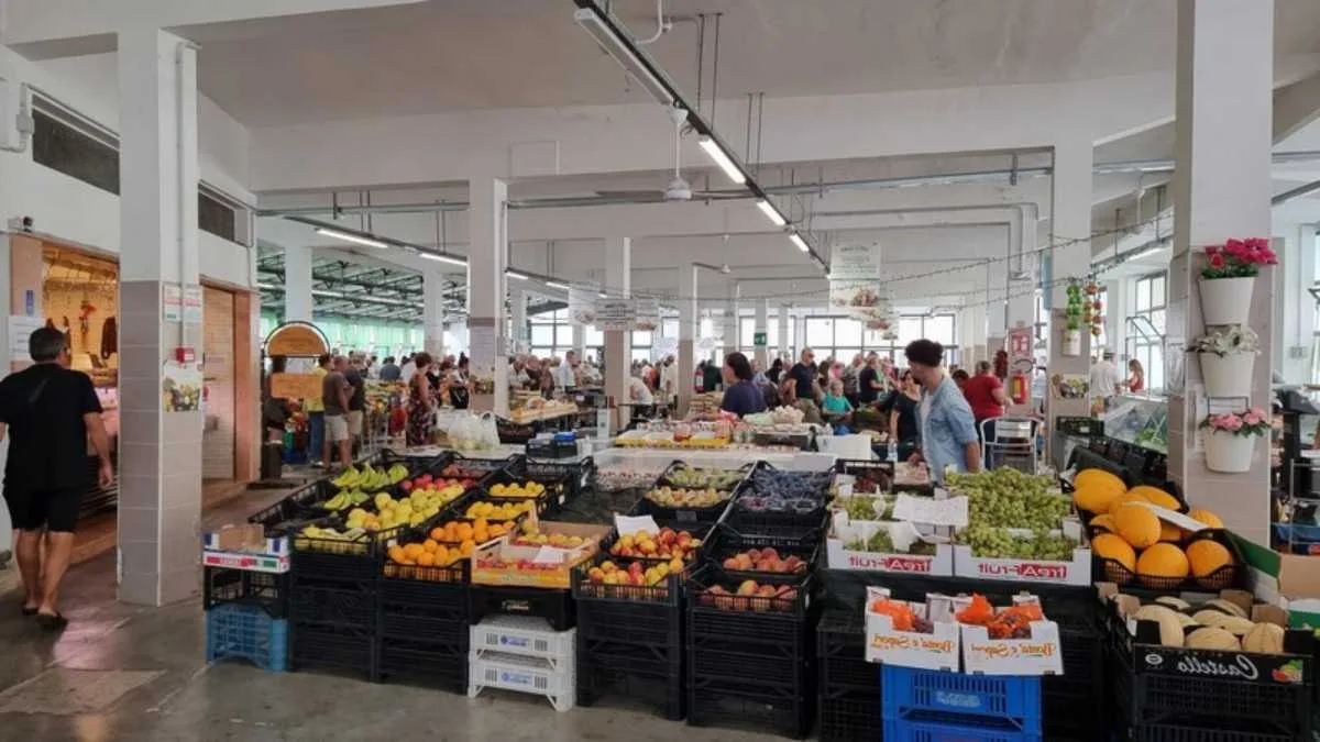 Mercato di Palermo con bancarelle di arancine fresche e colorate, simbolo della tradizione culinaria siciliana.